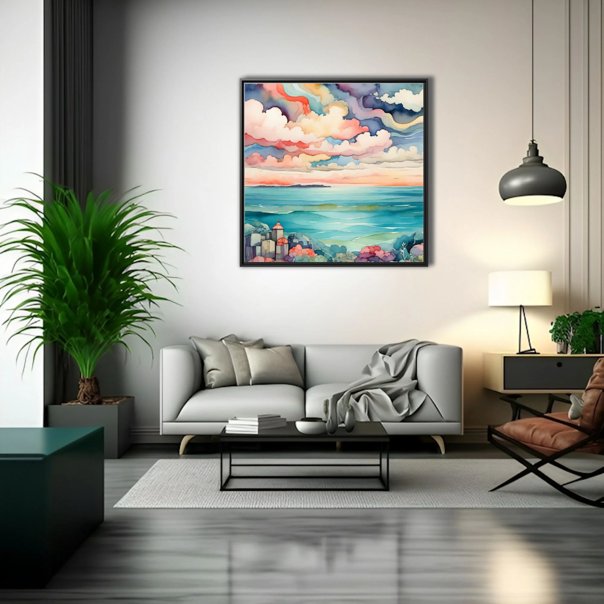 Watercolor-style coastal seascape with dramatic pastel clouds and teal ocean waters