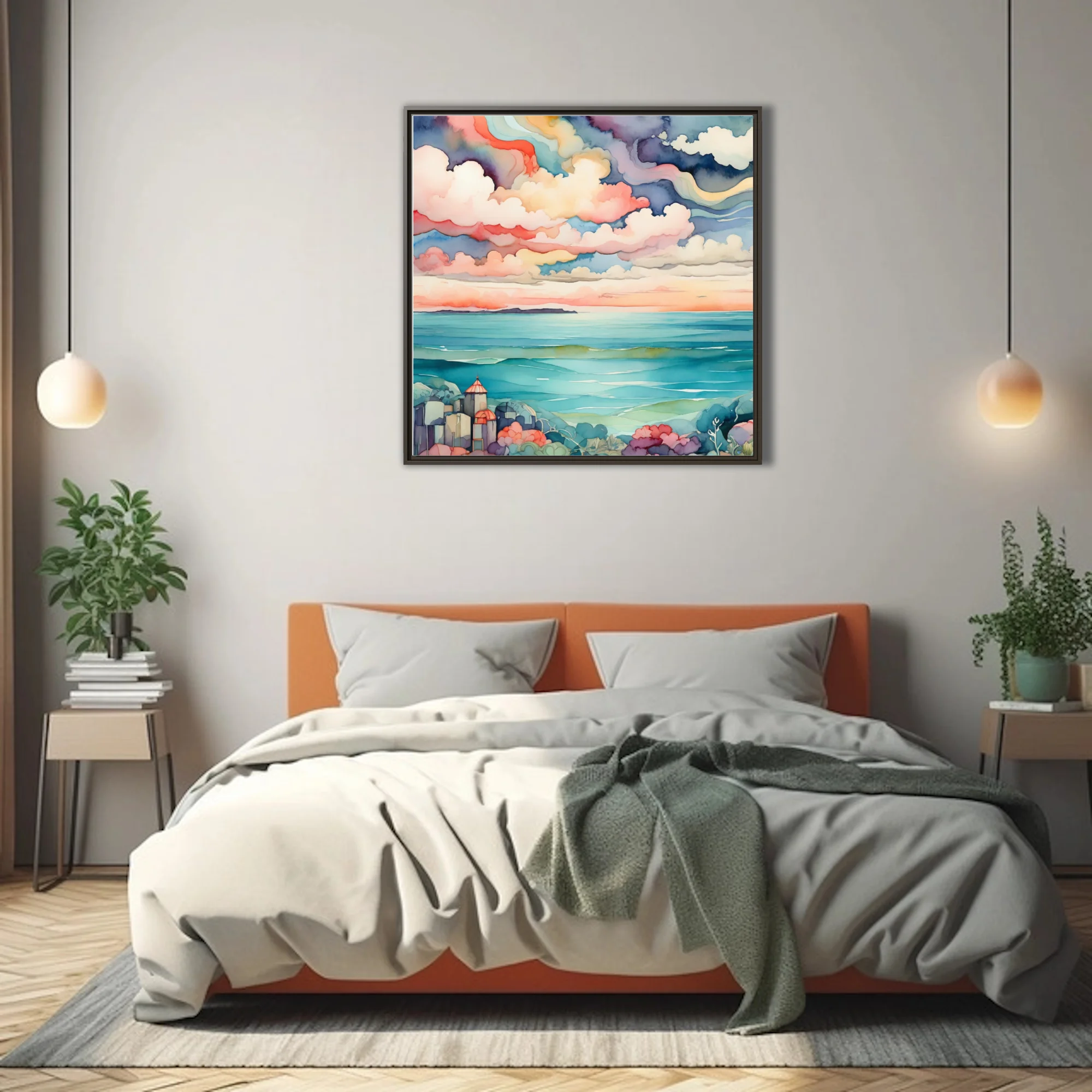 Watercolor-style coastal seascape with dramatic pastel clouds and teal ocean waters