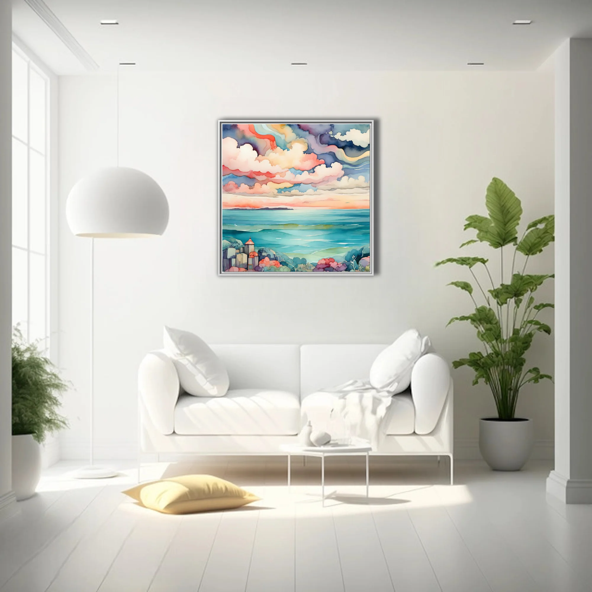 Watercolor-style coastal seascape with dramatic pastel clouds and teal ocean waters