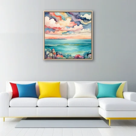 Watercolor-style coastal seascape with dramatic pastel clouds and teal ocean waters