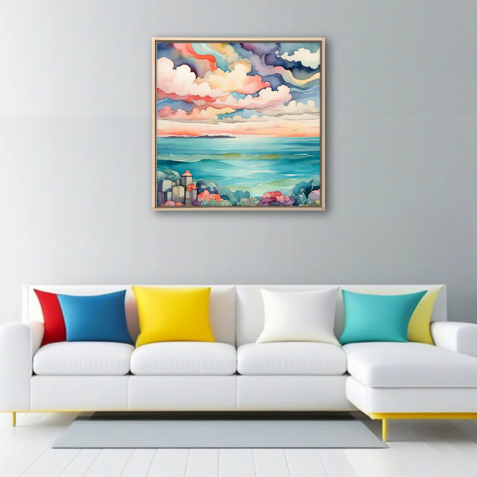 Watercolor-style coastal seascape with dramatic pastel clouds and teal ocean waters