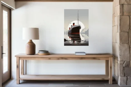 Minimalist art-deco ocean liner illustration, dark hull, red funnels, calm grey water