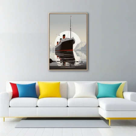 Minimalist art-deco ocean liner illustration, dark hull, red funnels, calm grey water