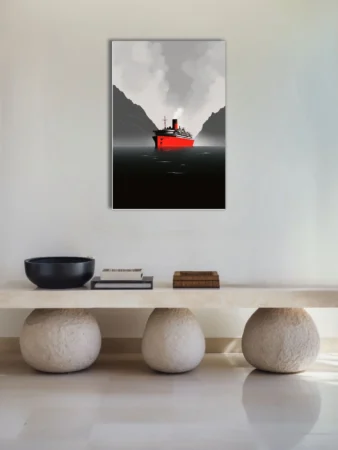 Minimalist ocean liner illustration, red hull on dark water, moody grey fjord