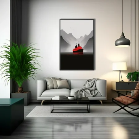Minimalist red and black ocean liner in misty fjord with dramatic mountain silhouettes