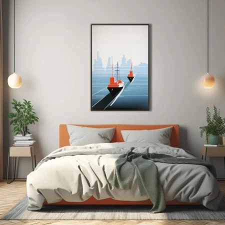 Style ships on blue water, red-orange and black geometric illustration, city skyline