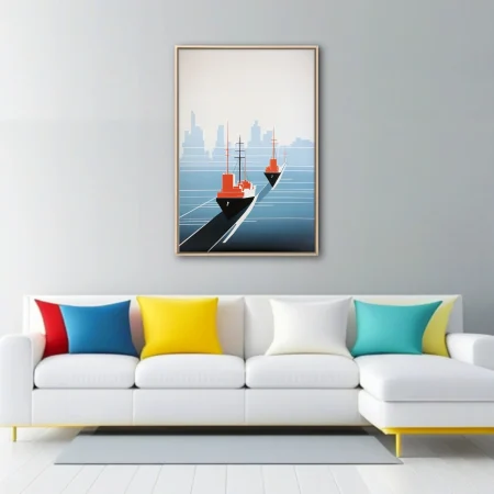 Style ships on blue water, red-orange and black geometric illustration, city skyline