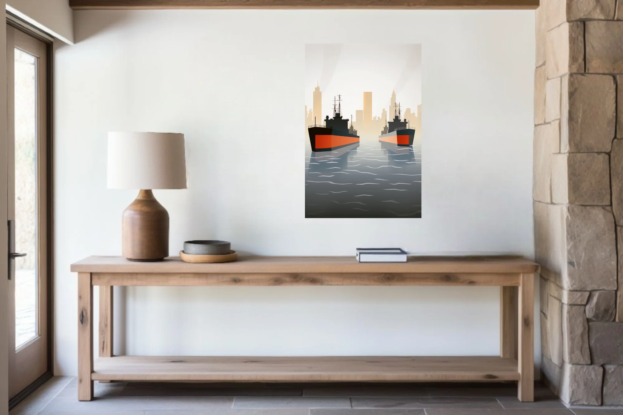 Mid-century minimalist maritime illustration, warships with red hulls, misty city skyline