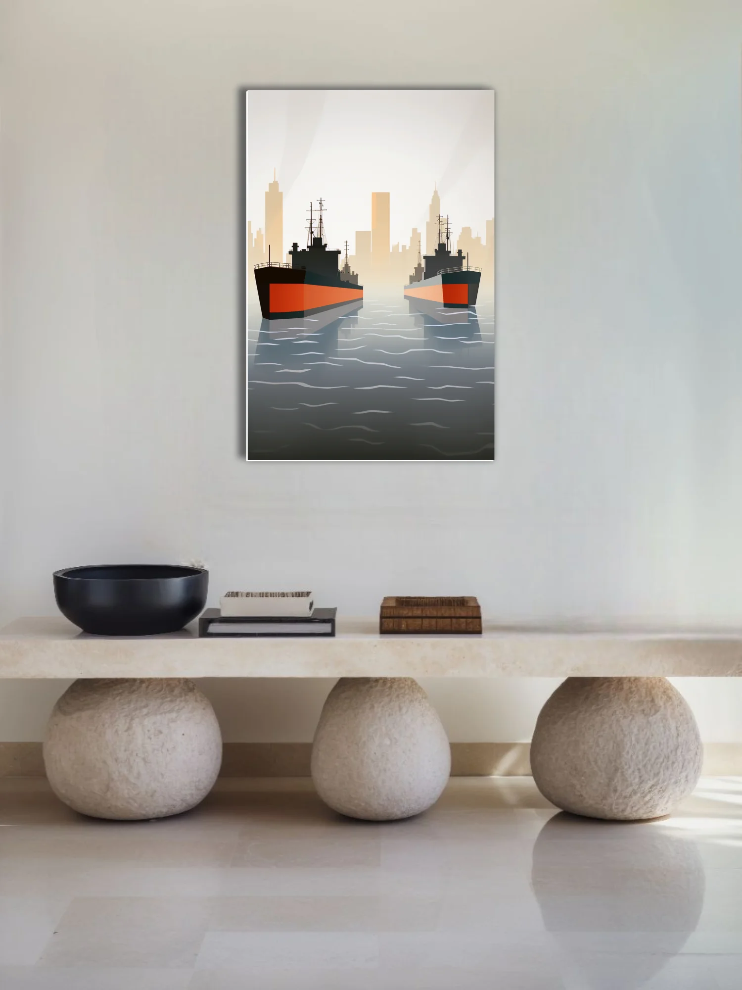Mid-century minimalist maritime illustration, warships with red hulls, misty city skyline