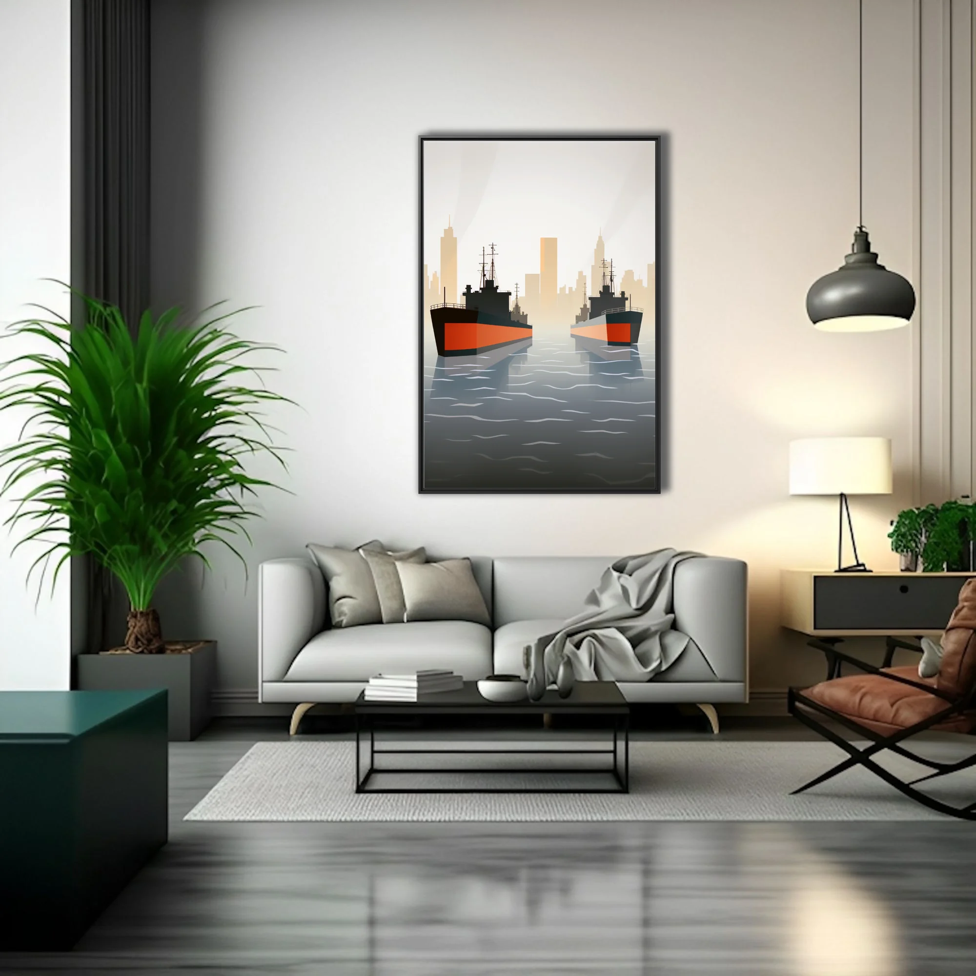Mid-century minimalist maritime illustration, warships with red hulls, misty city skyline