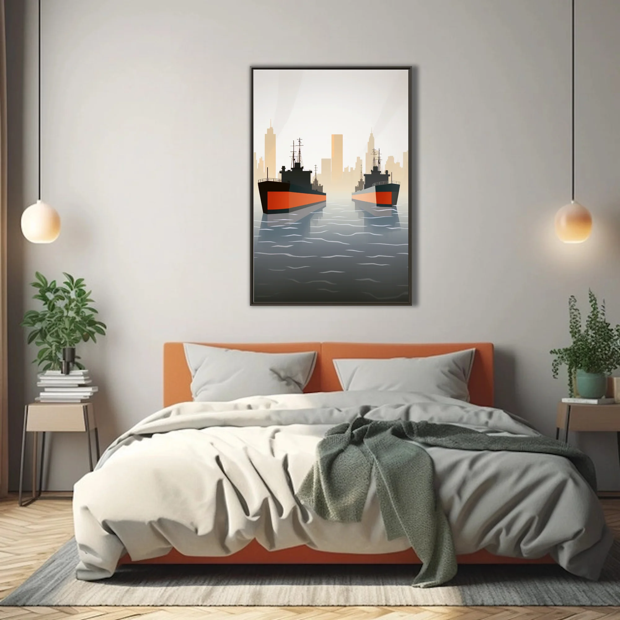 Mid-century minimalist maritime illustration, warships with red hulls, misty city skyline
