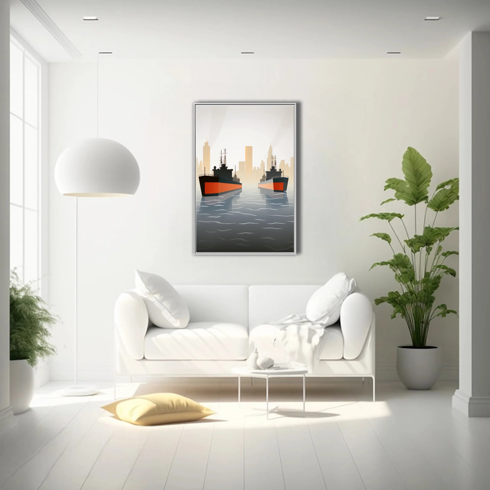 Mid-century minimalist maritime illustration, warships with red hulls, misty city skyline