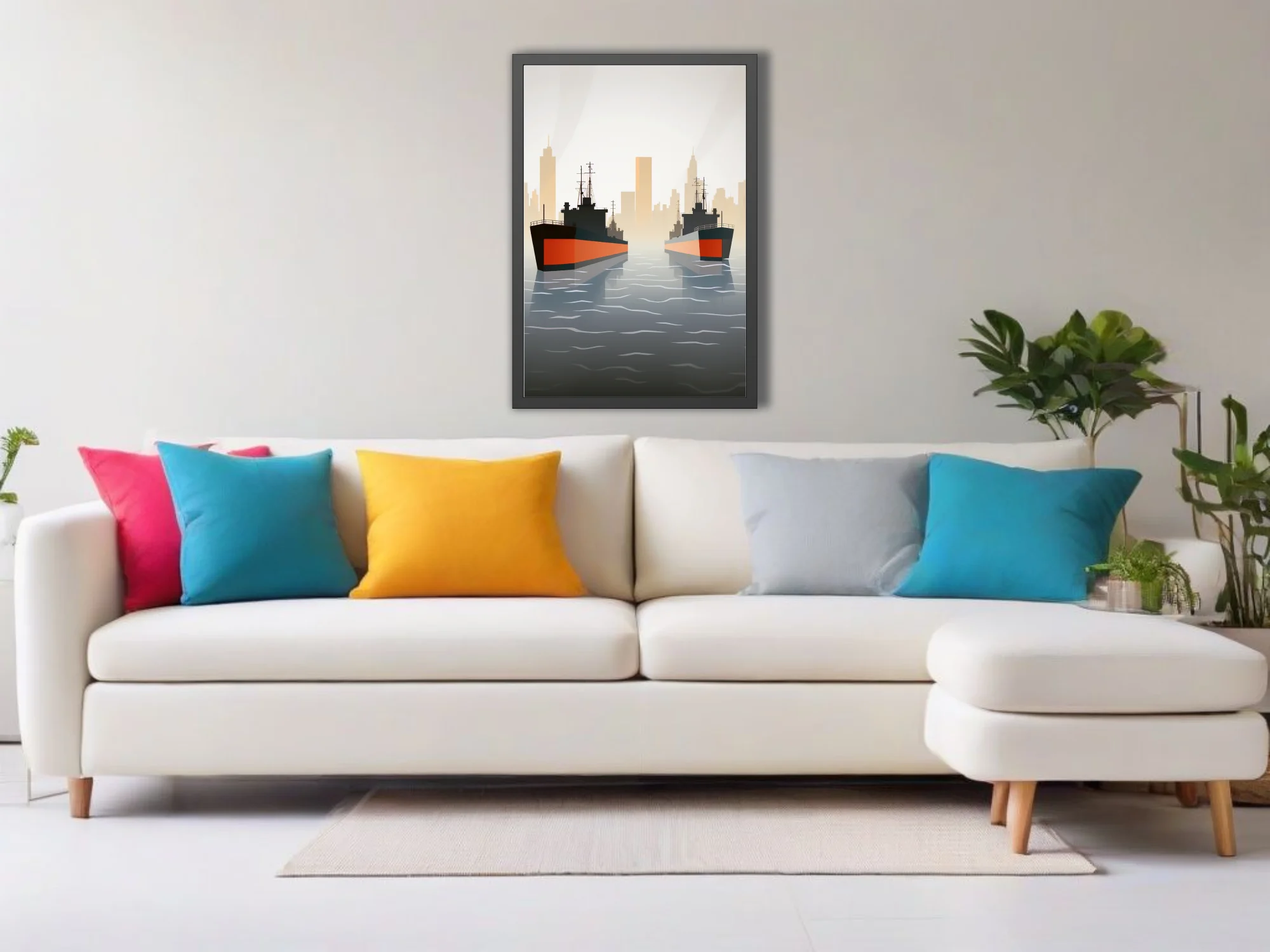 Mid-century minimalist maritime illustration, warships with red hulls, misty city skyline