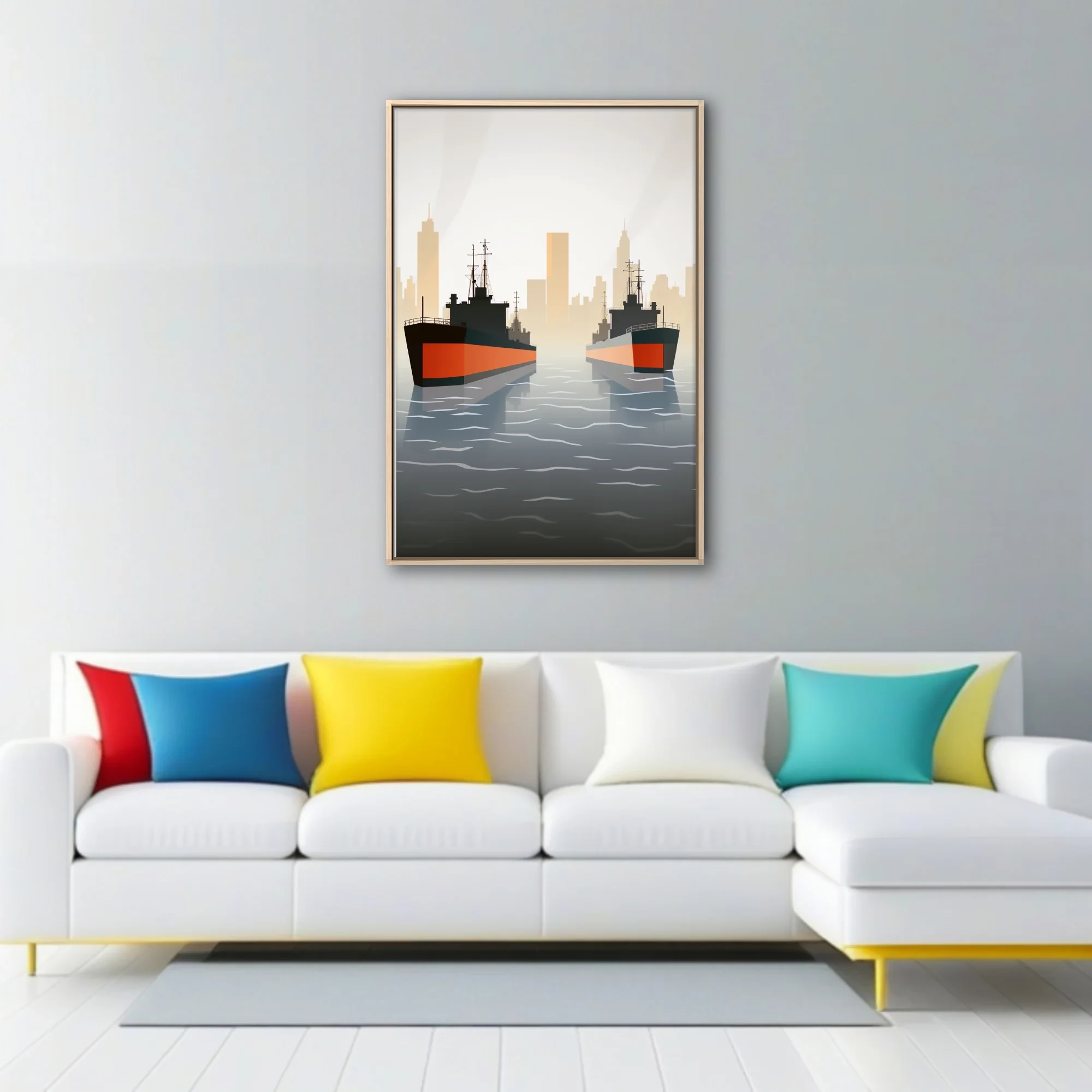 Mid-century minimalist maritime illustration, warships with red hulls, misty city skyline