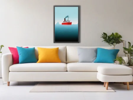 Minimalist flat-style steamship illustration, red hull on calm teal ocean with icebergs