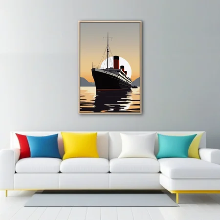 Minimalist ocean liner poster art, black hull against amber sunset, red funnels