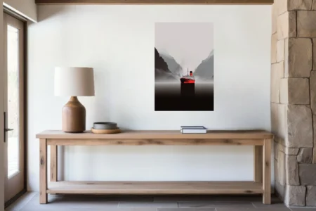 Minimalist ocean liner in misty fjord, dramatic black and red tones, moody maritime scene