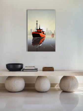 Minimalist poster-style cargo ship in red and black on calm harbor water
