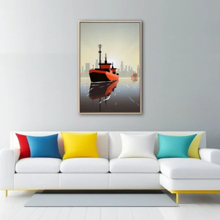 Minimalist poster-style cargo ship in red and black on calm harbor water