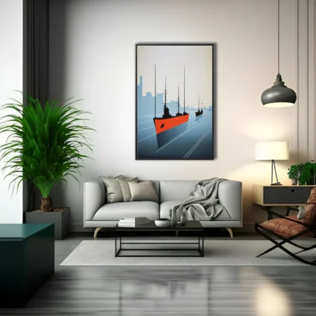 Mid-century poster-style naval ships, orange hull, blue harbor, city skyline