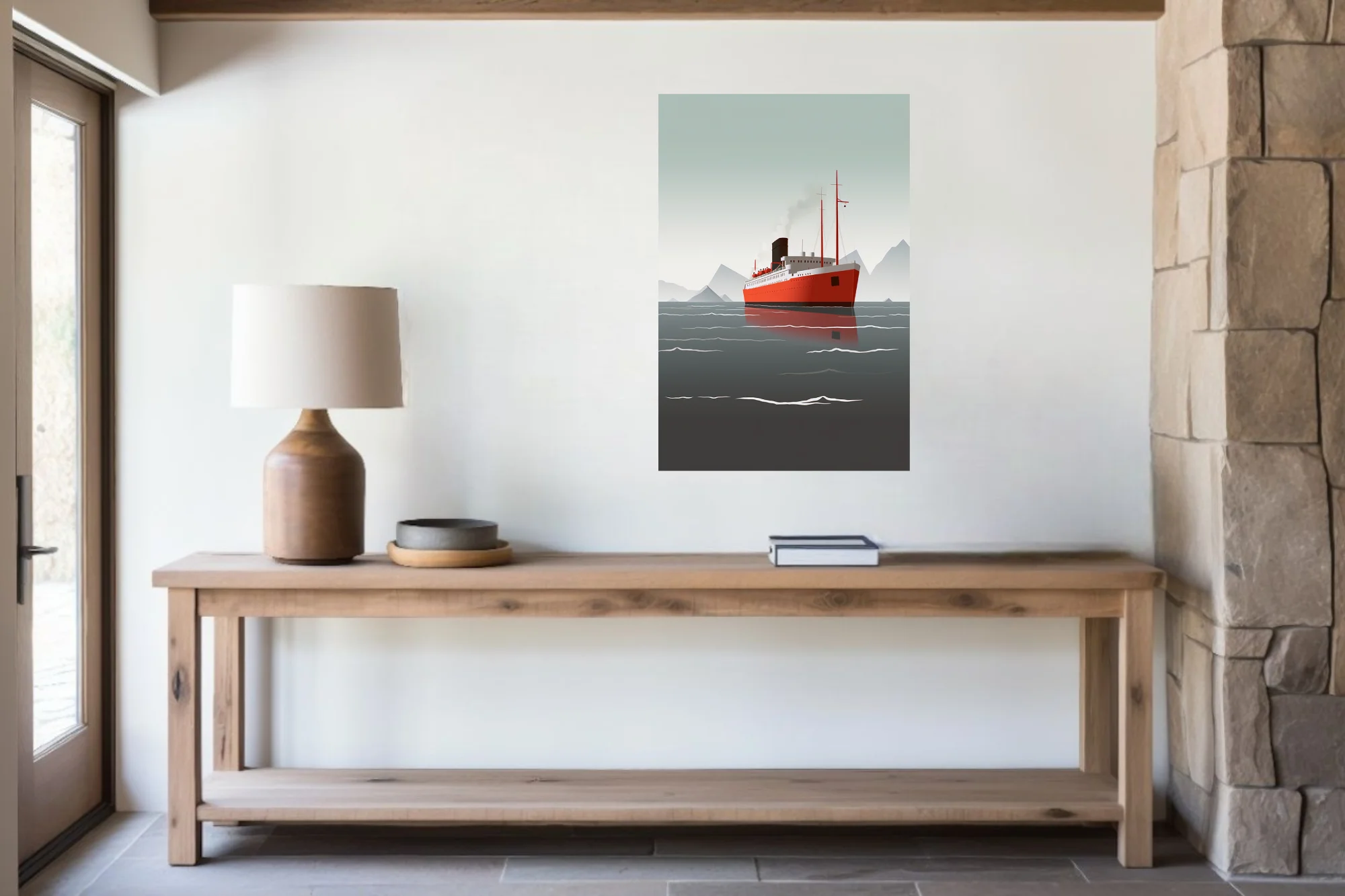 Mid-century modern ocean liner illustration, red hull on grey Arctic waters