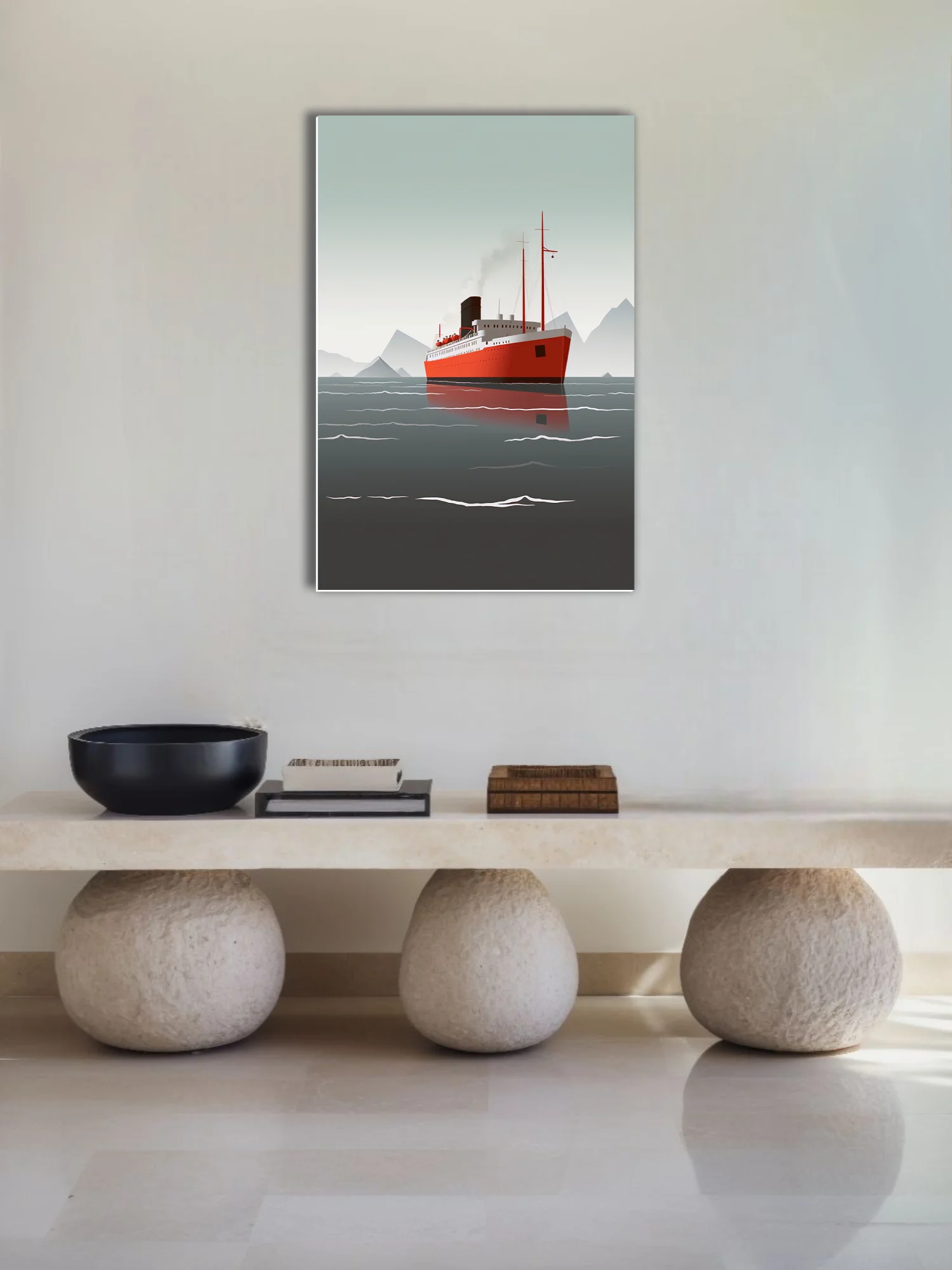Mid-century modern ocean liner illustration, red hull on grey Arctic waters