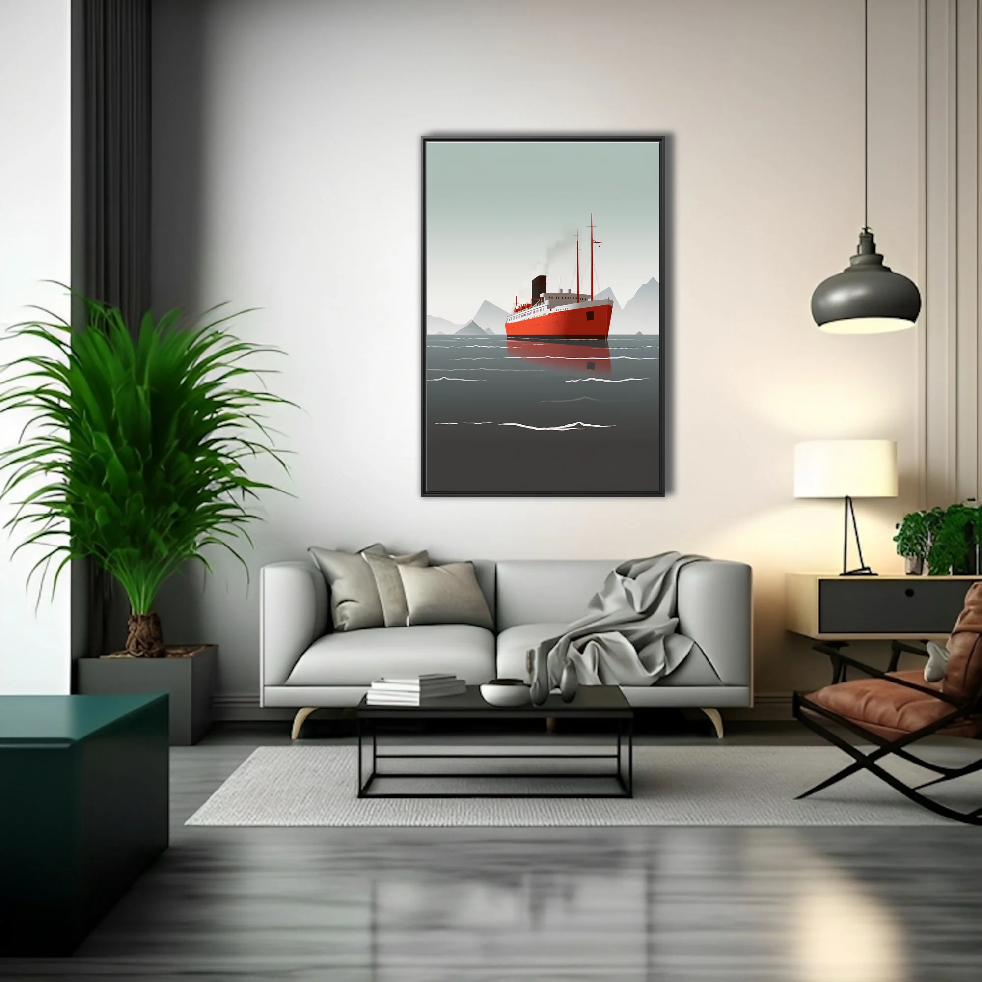 Mid-century modern ocean liner illustration, red hull on grey Arctic waters