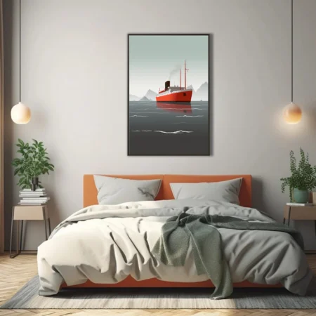 Mid-century modern ocean liner illustration, red hull on grey Arctic waters