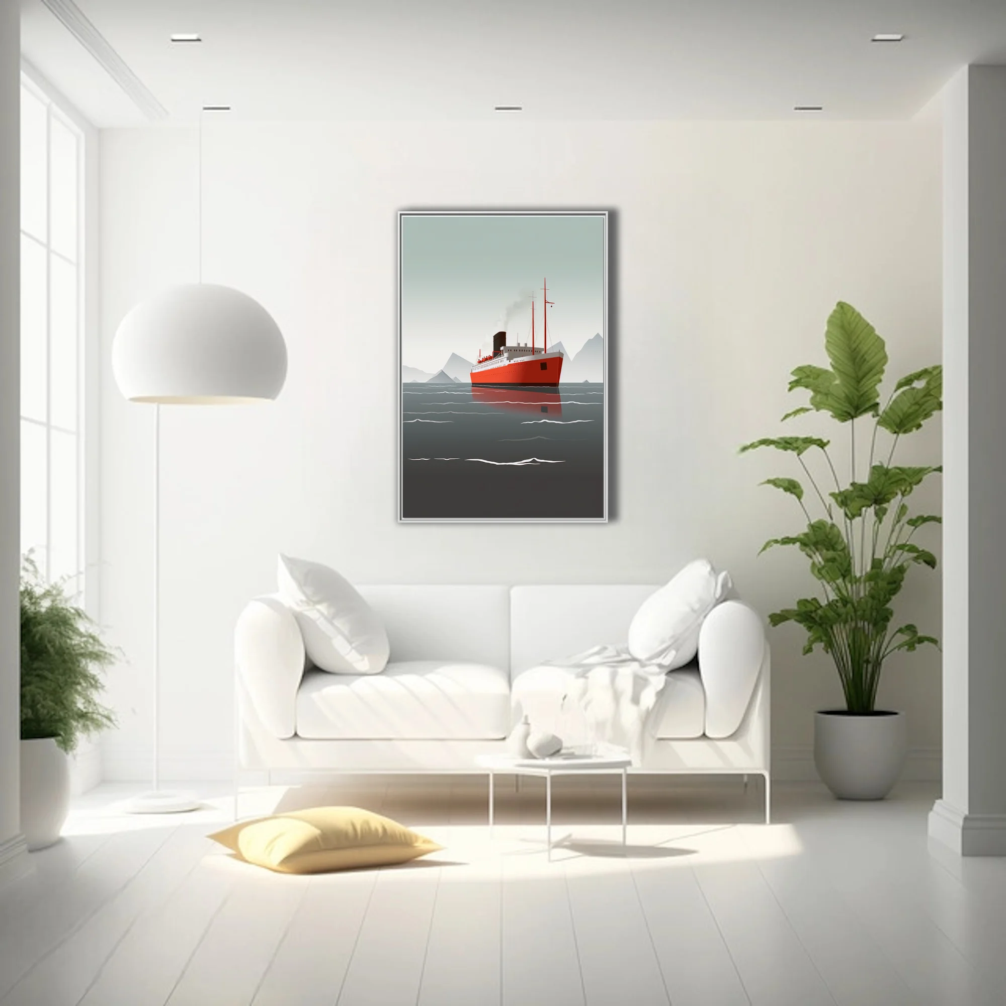 Mid-century modern ocean liner illustration, red hull on grey Arctic waters