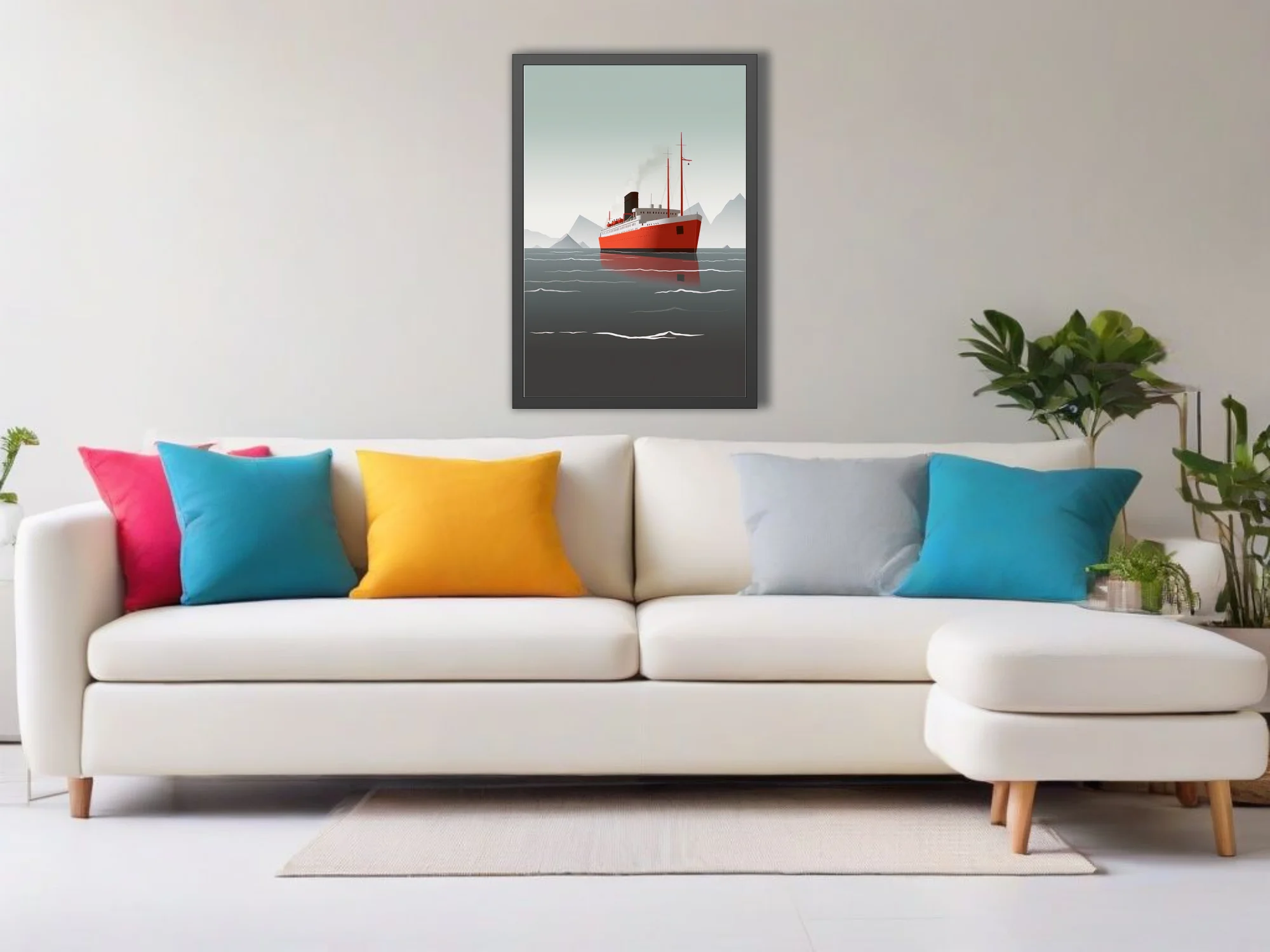 Mid-century modern ocean liner illustration, red hull on grey Arctic waters