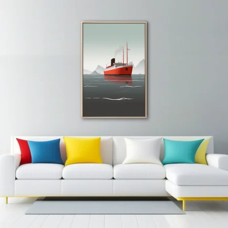 Mid-century modern ocean liner illustration, red hull on grey Arctic waters