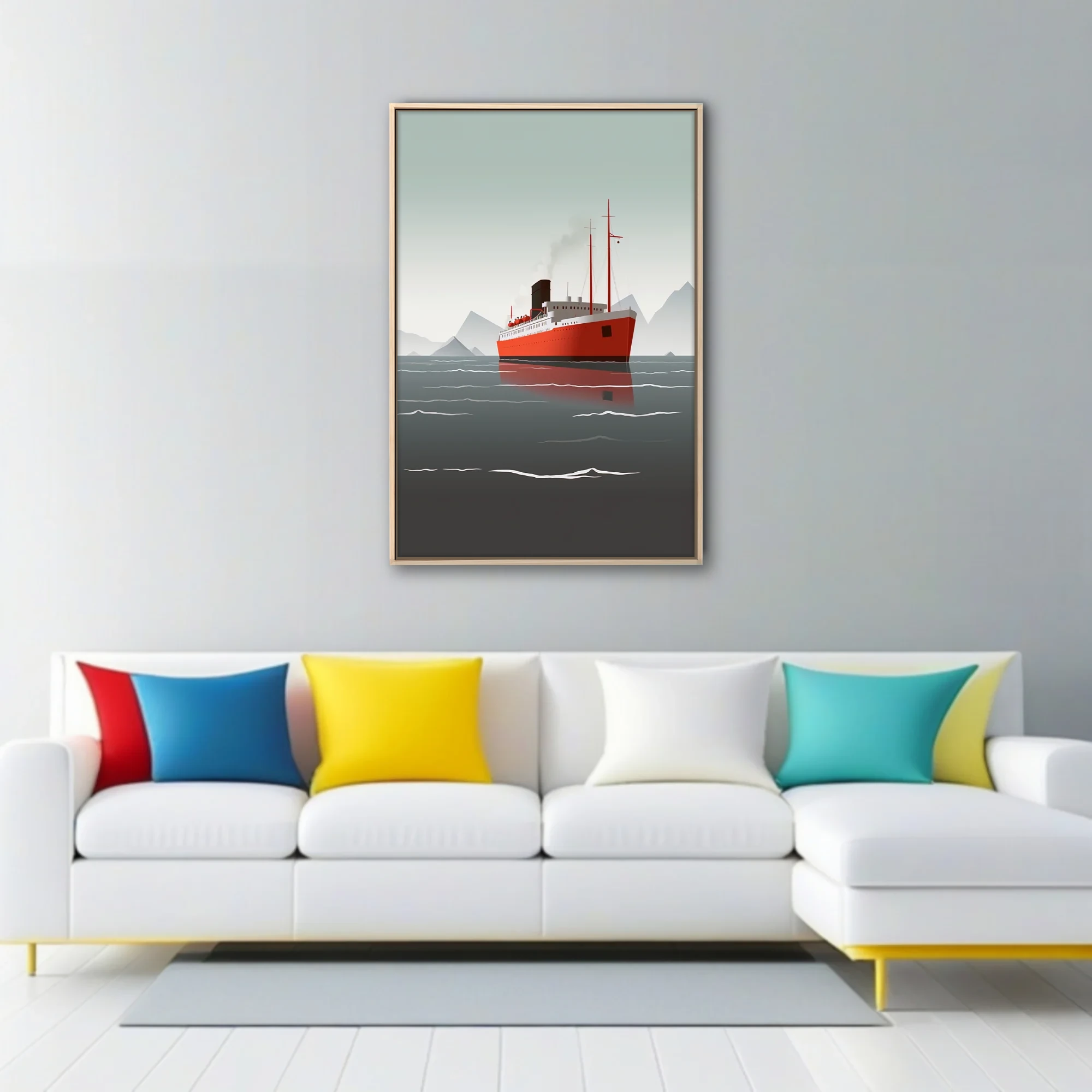 Mid-century modern ocean liner illustration, red hull on grey Arctic waters