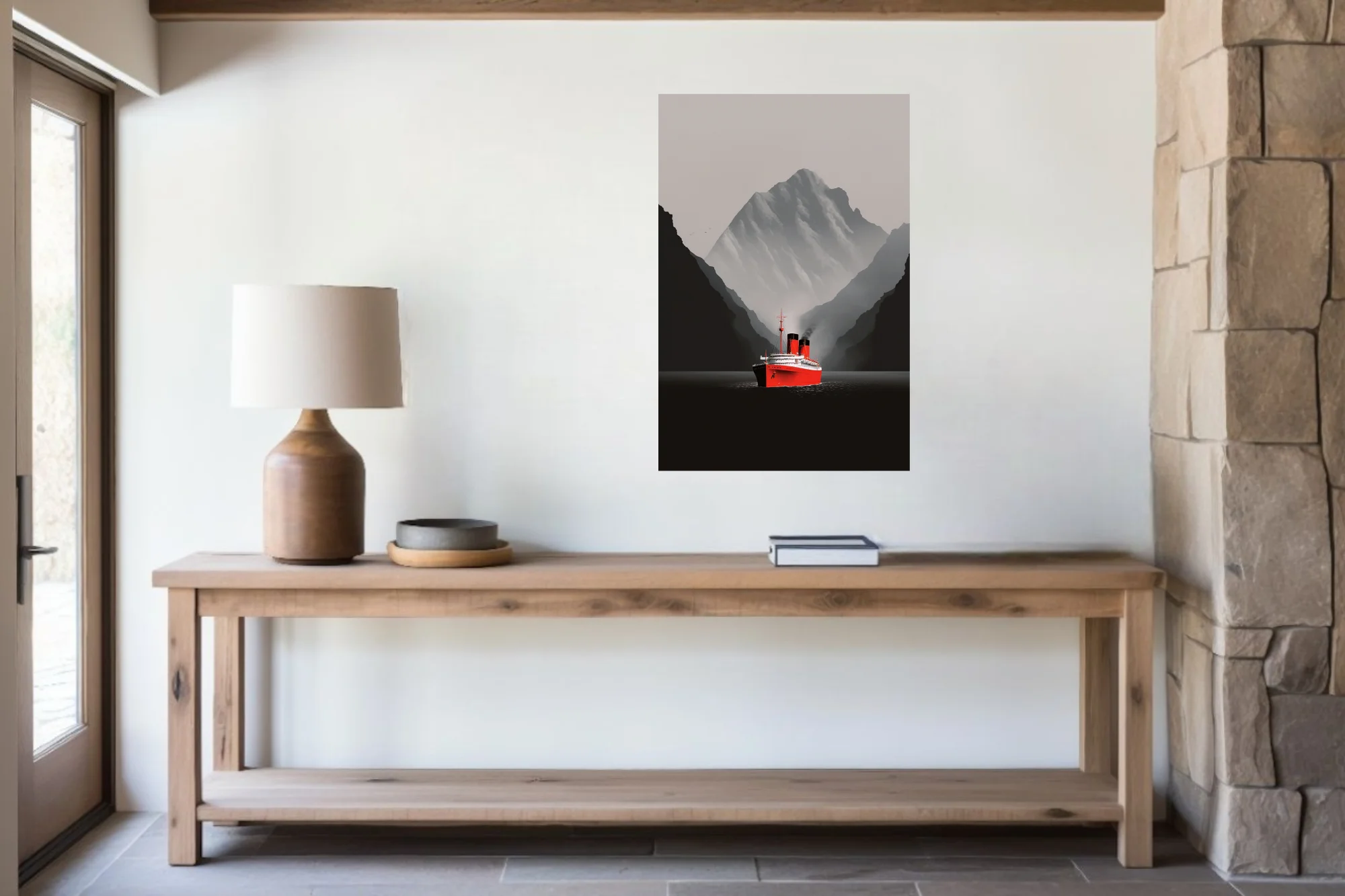 Minimalist red ocean liner in misty fjord with dramatic mountain backdrop
