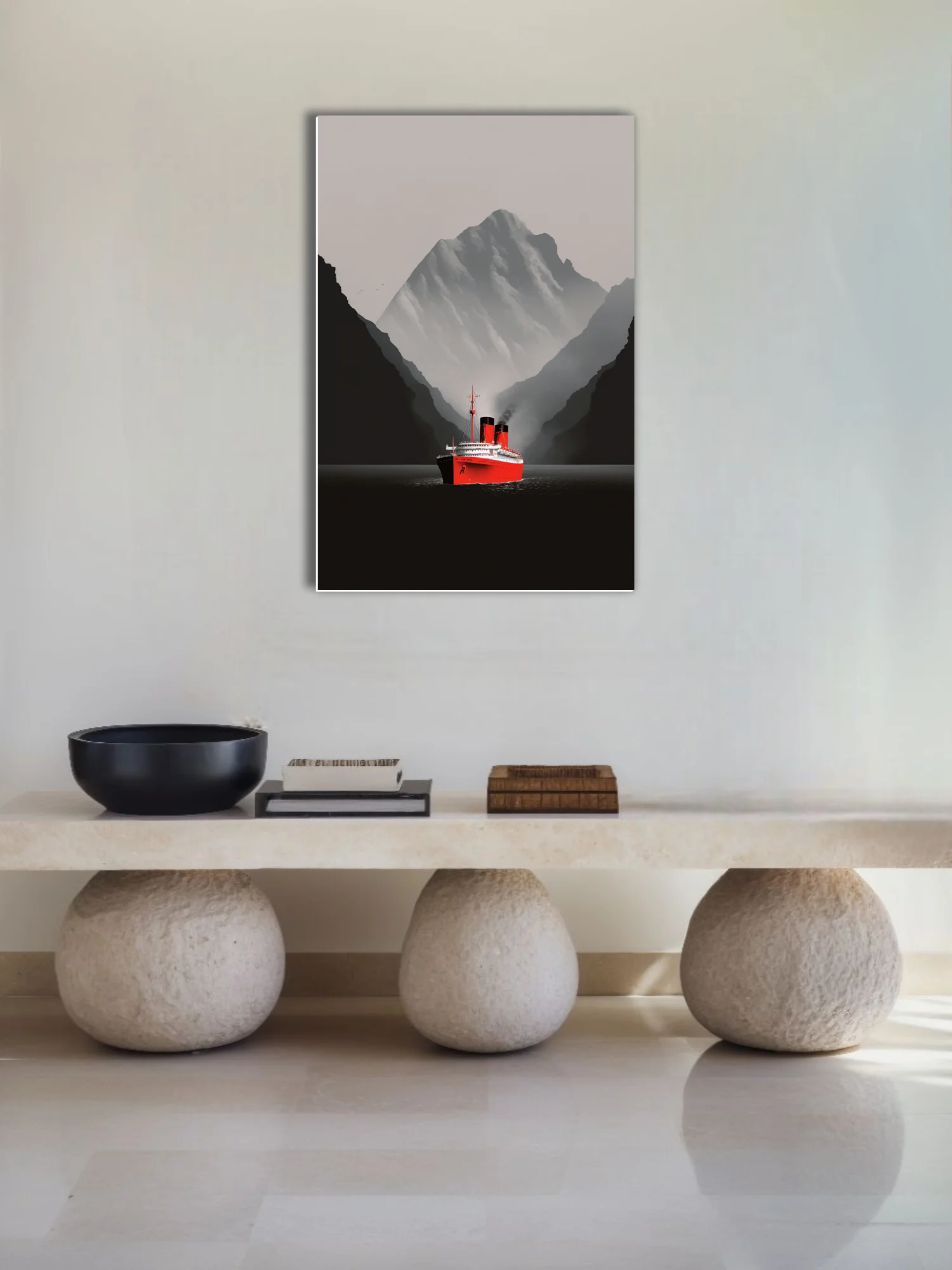 Minimalist red ocean liner in misty fjord with dramatic mountain backdrop