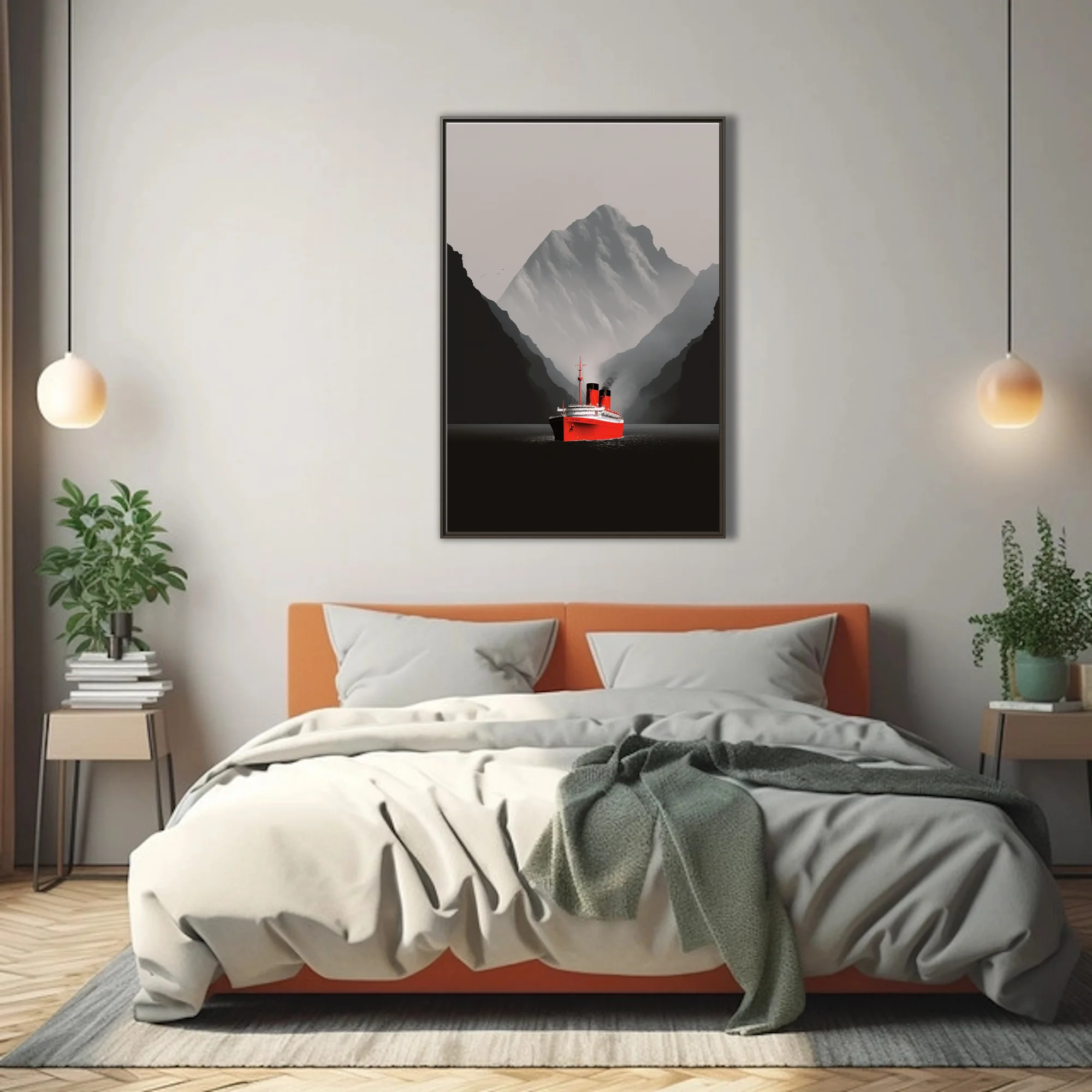 Minimalist red ocean liner in misty fjord with dramatic mountain backdrop