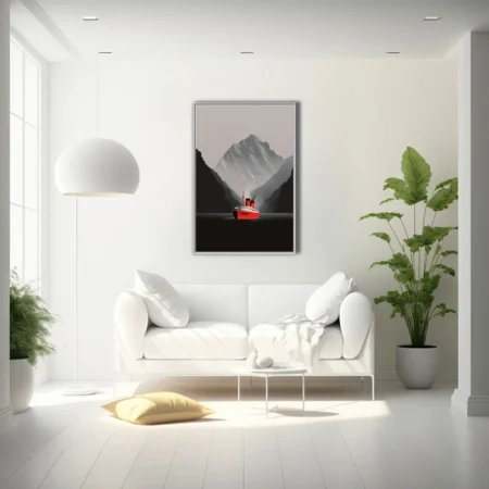 Minimalist red ocean liner in misty fjord with dramatic mountain backdrop