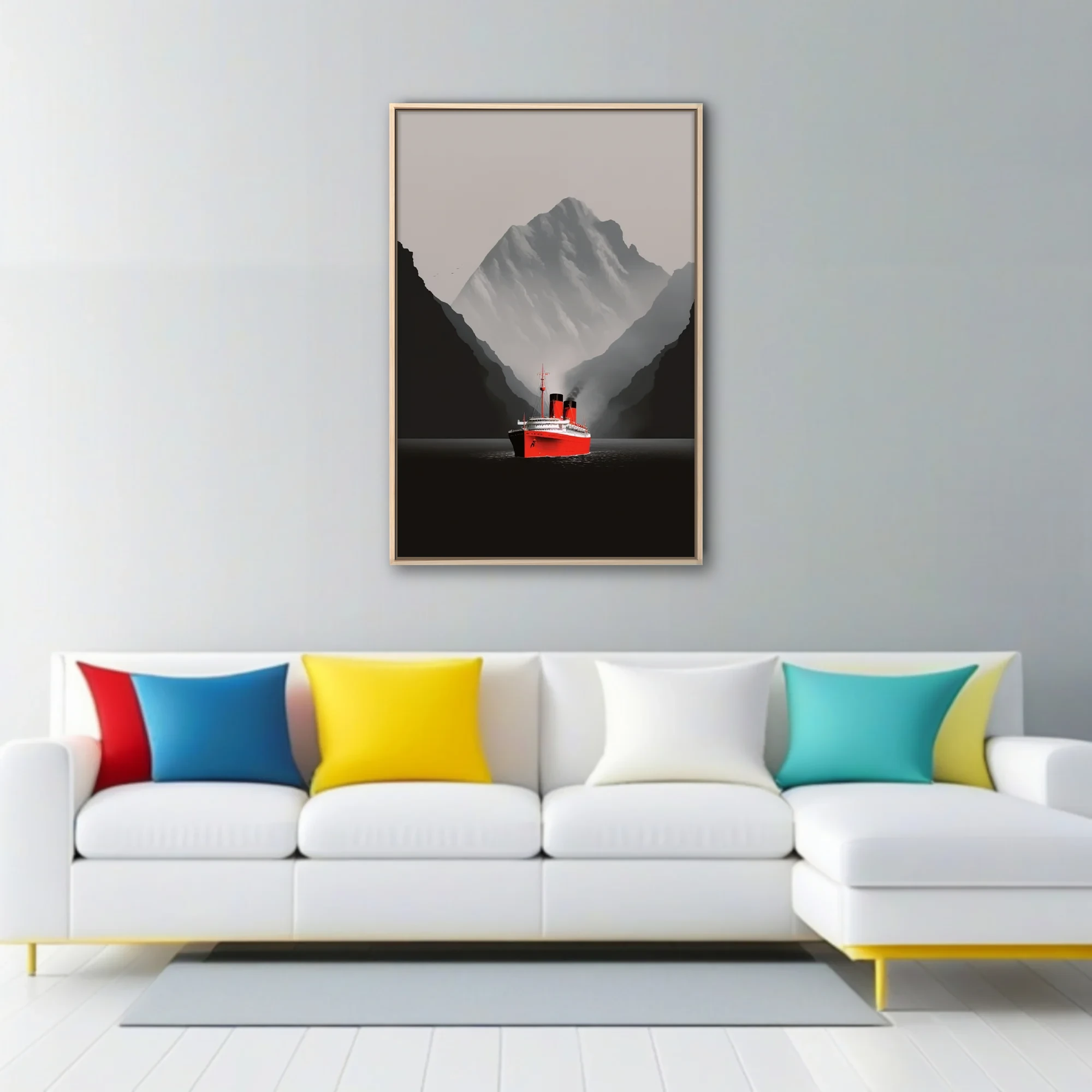 Minimalist red ocean liner in misty fjord with dramatic mountain backdrop