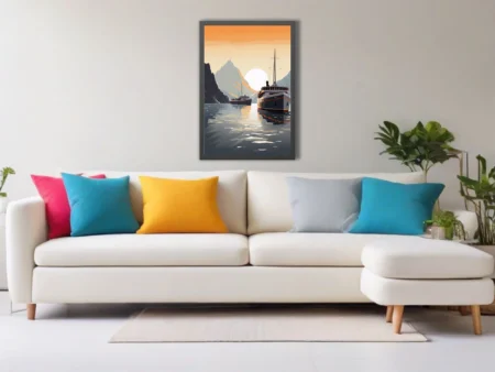Mid-century poster-style maritime scene with ships on a fjord at sunset, orange sky and mountain peaks