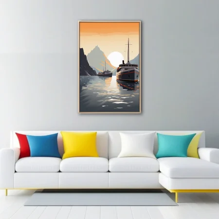 Mid-century poster-style maritime scene with ships on a fjord at sunset, orange sky and mountain peaks