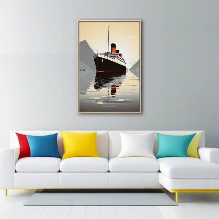 Mid-century poster-style ocean liner with black hull and orange funnels on calm water