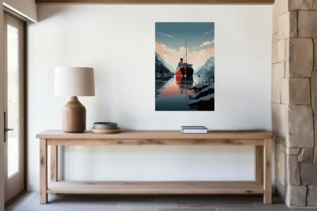 Vintage-style ocean liner on a fjord, crimson hull, teal mountains, calm reflective water