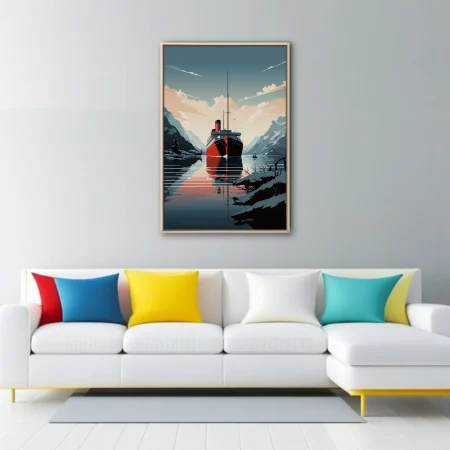 Vintage-style ocean liner on a fjord, crimson hull, teal mountains, calm reflective water
