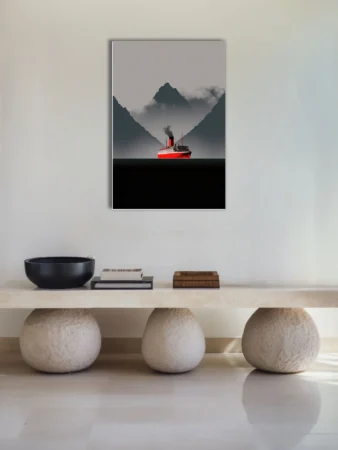 Minimalist ocean liner with red hull sailing through misty mountain fjord, grey tones
