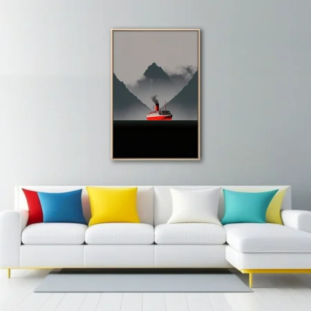Minimalist ocean liner with red hull sailing through misty mountain fjord, grey tones