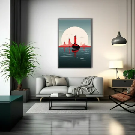 Minimalist red and black ship silhouette against glowing orb with teal harbor skyline