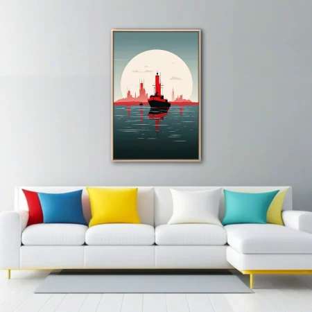 Minimalist red and black ship silhouette against glowing orb with teal harbor skyline