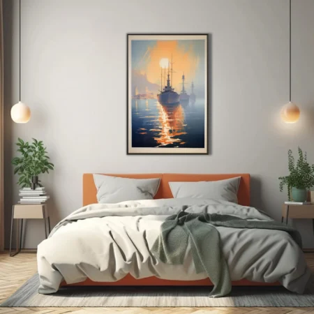 Art-deco-style maritime scene with tall ships at sunrise, amber sky and cool blue water reflections