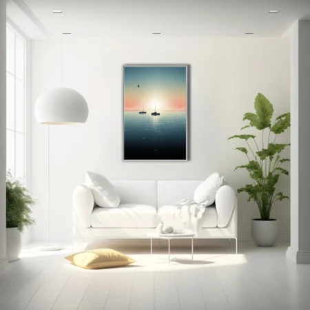 Minimalist twilight seascape with boat silhouettes and coral-teal gradient sky