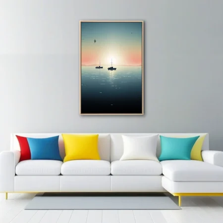 Minimalist twilight seascape with boat silhouettes and coral-teal gradient sky