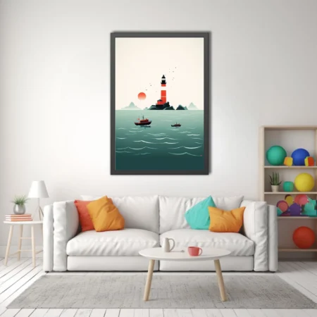 Minimalist coastal illustration, red striped lighthouse on rocky islet, teal sea, muted palette